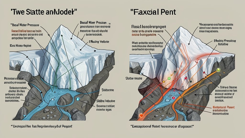 A detailed illustration of a two-state glacier model with basal hydrology-sliding coupling, highlighting exceptional-point signatures and their impact on glacier dynamics.