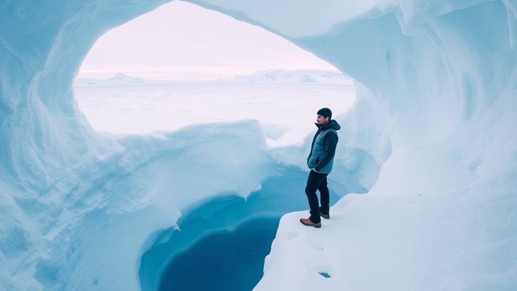A photograph of a researcher standing at the edge of a massive ice hole in Antarctica, with a breathtaking landscape of snow and ice stretching out into the distance.