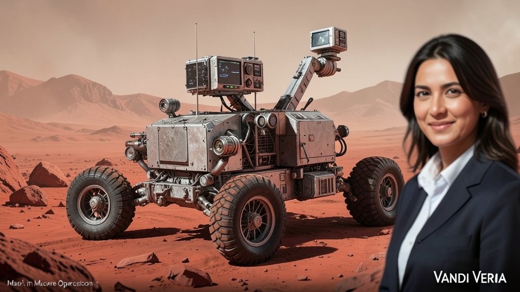 A detailed illustration of the Mars rover with a background of the Martian terrain, highlighting the rover's AI-powered systems and Vandi Verma's portrait in the foreground.