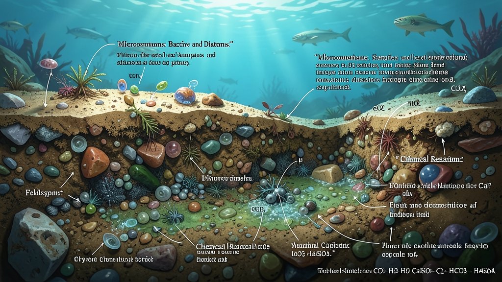 A detailed illustration of the silicate weathering process in marine sediments, including the role of microorganisms and the impact on global elemental cycles.