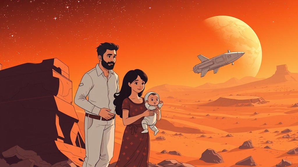 A futuristic illustration of a family with a baby on a Mars colony, with a spaceship in the background and a starscape above.