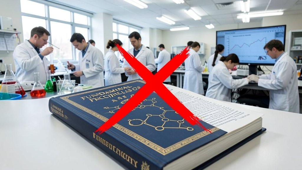 An image of a chemistry textbook with a red "X" marked through it, symbolizing the overturning of a long-held scientific principle, with a background of scientists working in a laboratory.