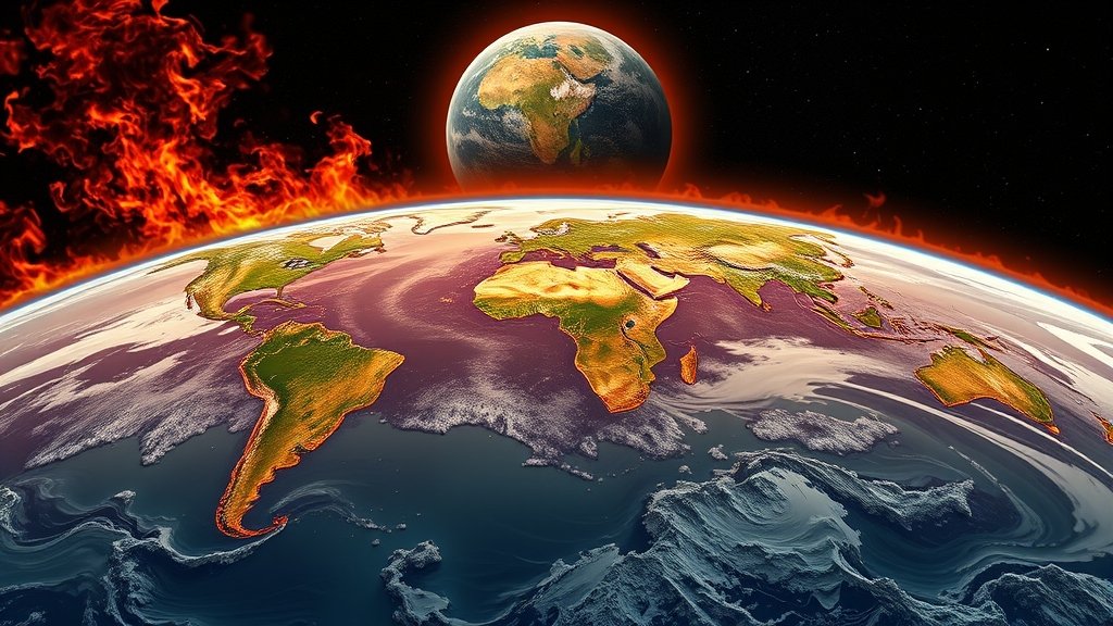 An illustration of the Earth's surface 4 billion years ago, with continents and mountains forming amidst a backdrop of fire and water