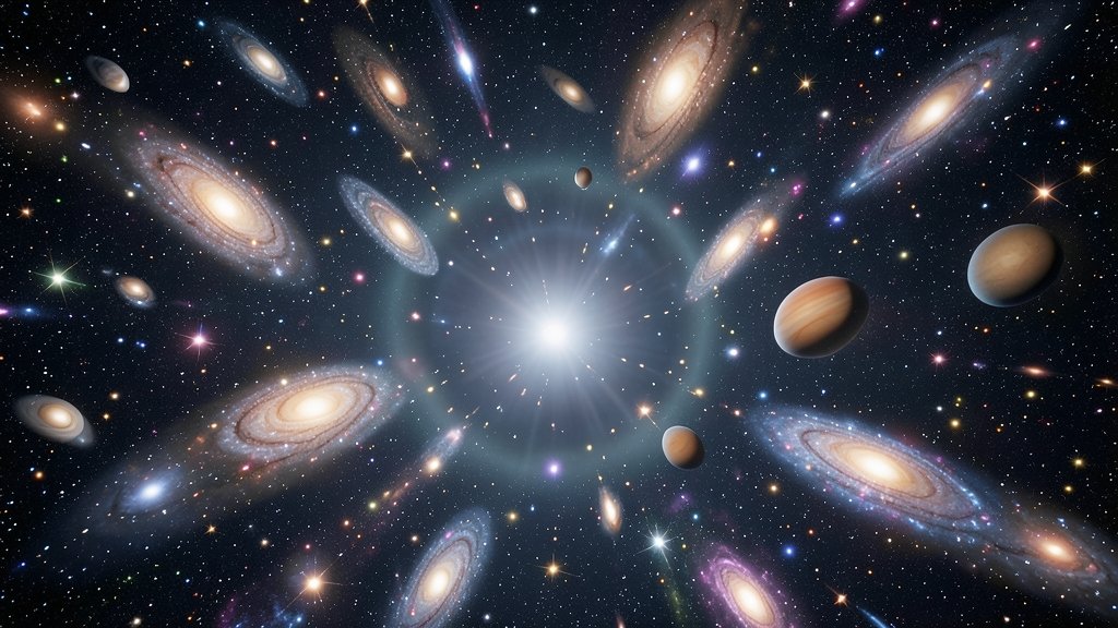 A 3D illustration of the universe expanding, with galaxies and stars moving away from each other, and a subtle representation of dark energy in the background.