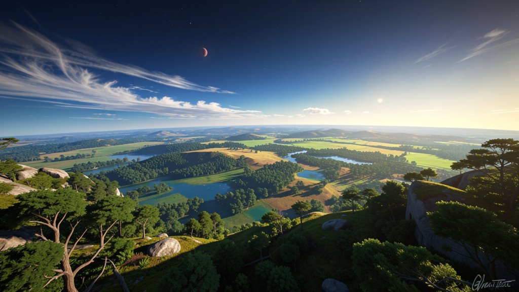 An artist's impression of a exoplanet orbiting in the habitable zone of its star, with a blue atmosphere and green forests, with the star Gl725B in the background.