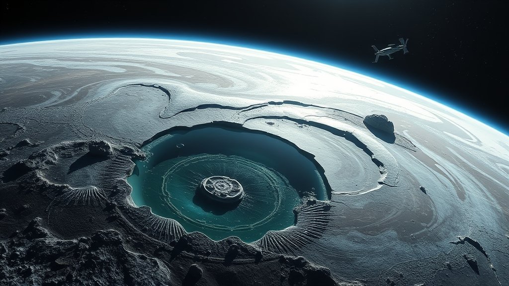 An artist's impression of the surface of Jupiter's moon Europa, with a possible subsurface ocean and ice crust, and a spaceship in the distance exploring the moon's potential for life.