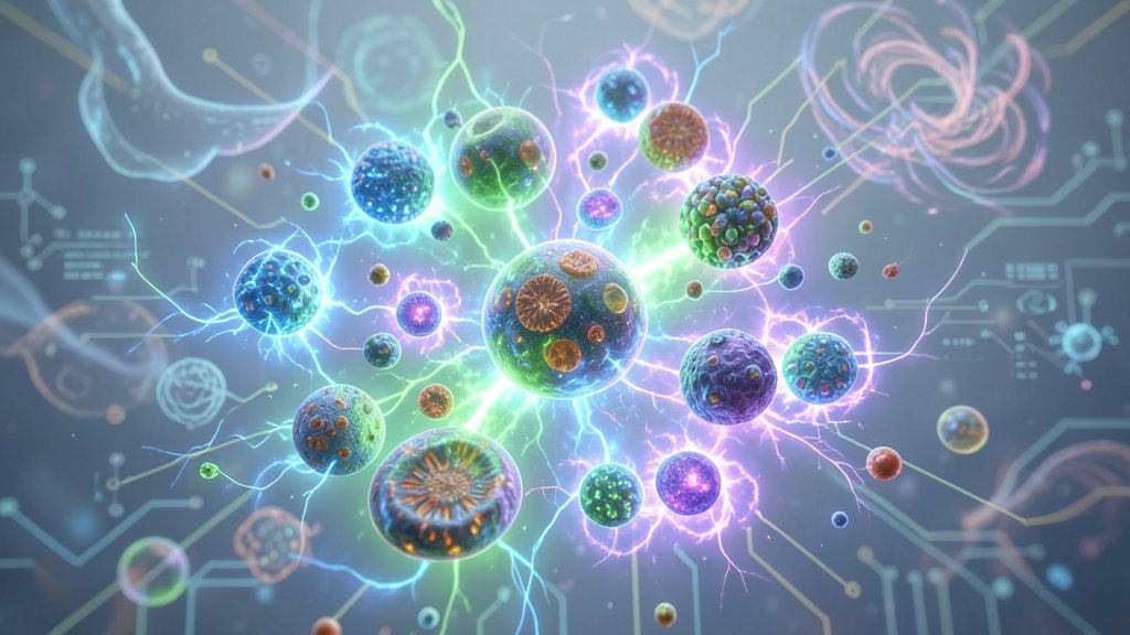 A microscopic image of cells with glowing electrochemical reactions, surrounded by evolutionary forces like natural selection and genetic drift, with a subtle background of technological advancements