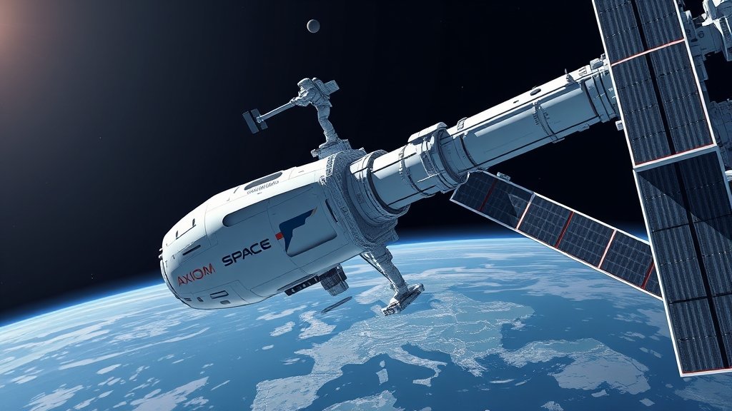An illustration of the Axiom Space private astronaut mission to the International Space Station, with a spacecraft docking and astronauts in space suits working outside the station.